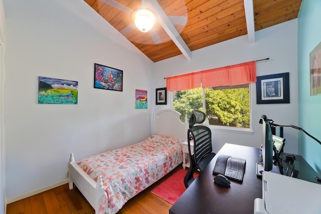 bedroom featuring vaulted ceiling with beams, wooden ceiling, and hardwood / wood-style floors