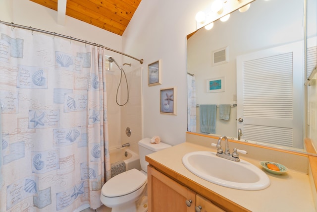 full bathroom with lofted ceiling, toilet, wooden ceiling, vanity, and shower / bathtub combination with curtain