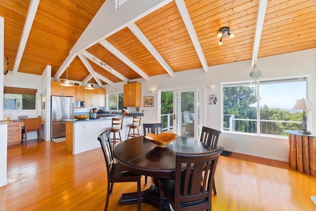 dining area featuring high vaulted ceiling, beam ceiling, wooden ceiling, and light wood-type flooring