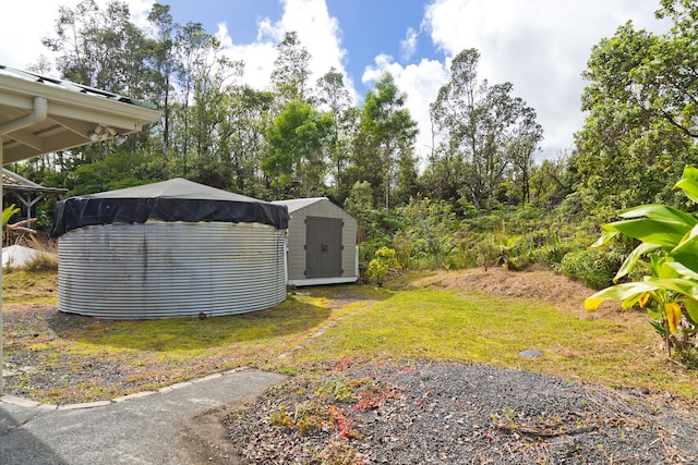 view of yard featuring a shed and a swimming pool