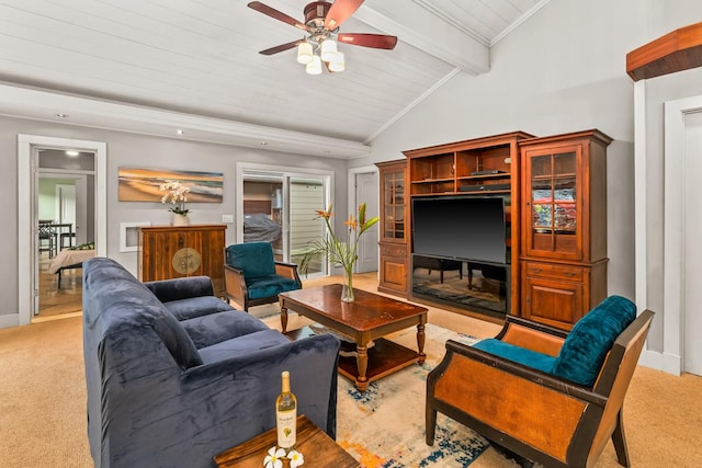 living room featuring vaulted ceiling with beams, ceiling fan, light carpet, and a fireplace