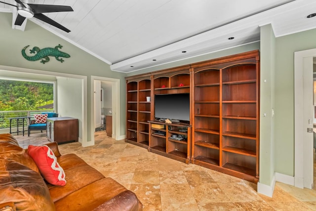 living room featuring ceiling fan, lofted ceiling, and wooden ceiling