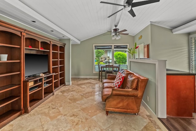 sitting room featuring lofted ceiling with beams, ceiling fan, and wooden ceiling