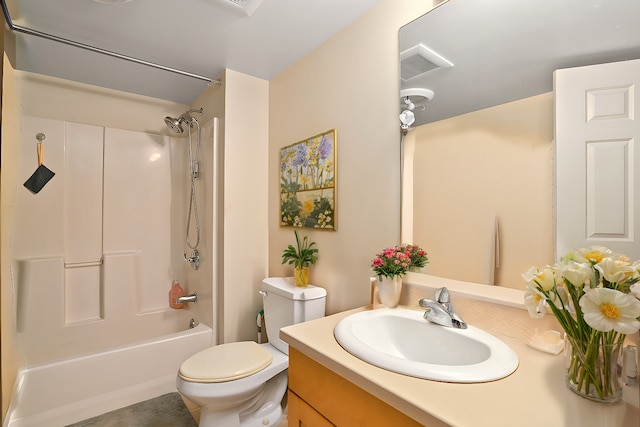 full bathroom featuring bathing tub / shower combination, vanity, and toilet