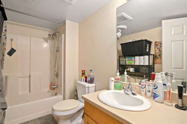 full bathroom with vanity, bathtub / shower combination, and toilet