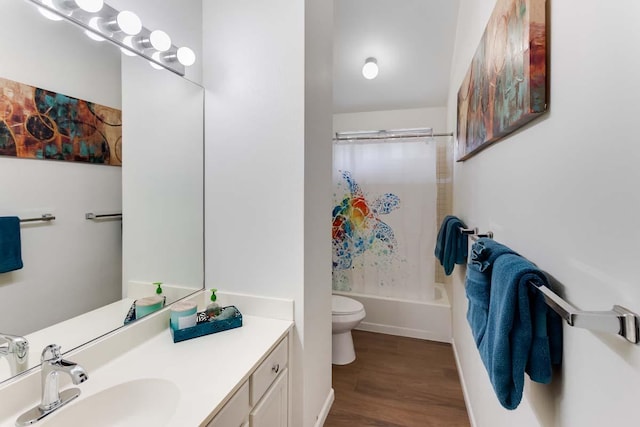 full bathroom with vanity, shower / bathtub combination with curtain, wood-type flooring, and toilet