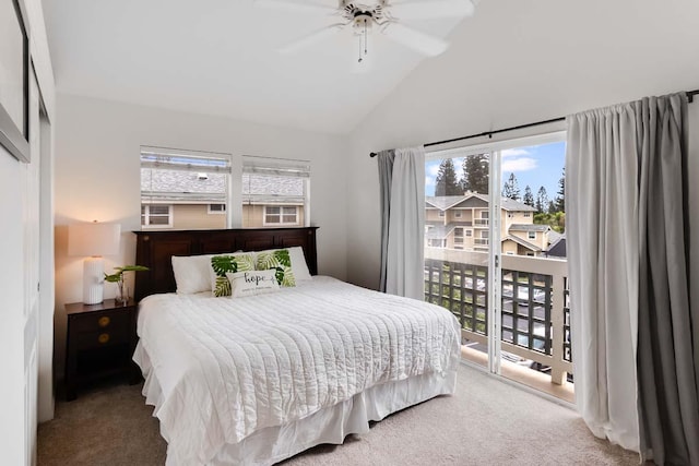 bedroom with access to exterior, light colored carpet, high vaulted ceiling, and ceiling fan