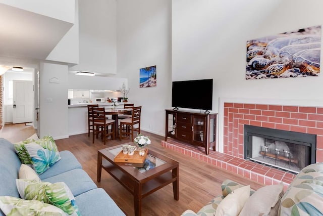 living room with hardwood / wood-style floors and a fireplace