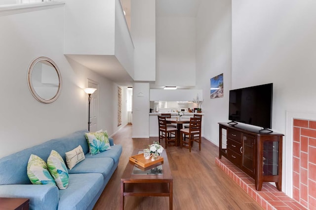 living room featuring a high ceiling and light wood-type flooring