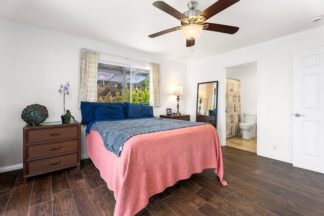 bedroom with ensuite bath and ceiling fan