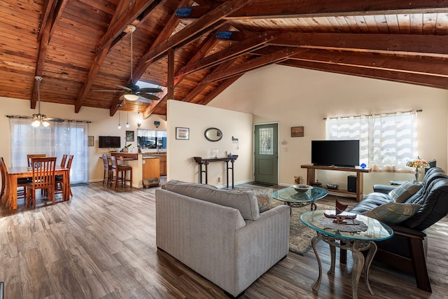 living room with beam ceiling, ceiling fan, wooden ceiling, high vaulted ceiling, and hardwood / wood-style flooring