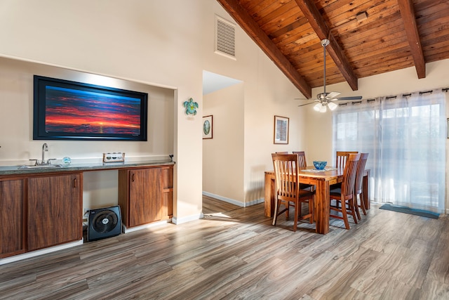 dining area featuring beamed ceiling, wooden ceiling, sink, and hardwood / wood-style flooring