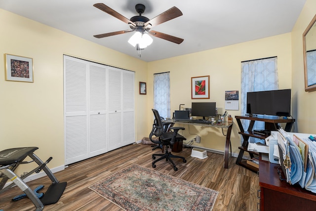 home office featuring ceiling fan and dark hardwood / wood-style flooring