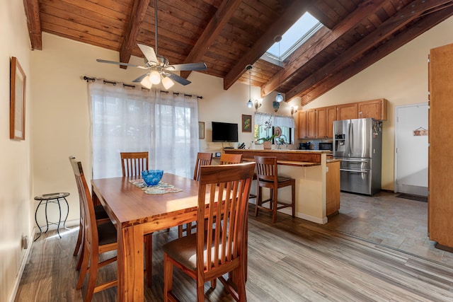 dining space with a skylight, wood ceiling, ceiling fan, beam ceiling, and high vaulted ceiling