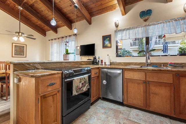 kitchen featuring kitchen peninsula, electric range oven, stainless steel dishwasher, sink, and beamed ceiling