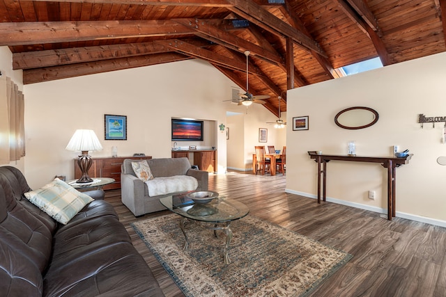 living room featuring dark hardwood / wood-style flooring, wood ceiling, ceiling fan, beam ceiling, and high vaulted ceiling