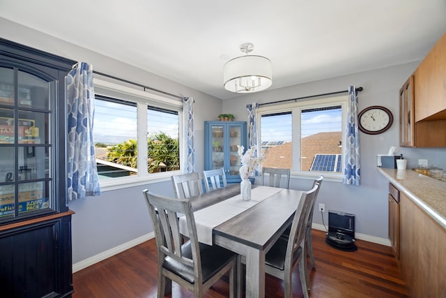 dining area with dark wood-type flooring and a wealth of natural light