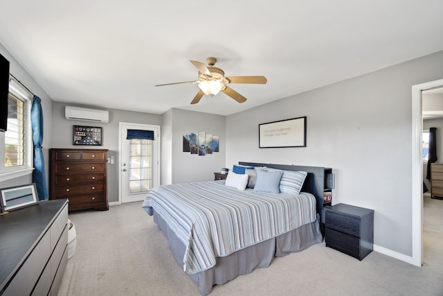 bedroom featuring light carpet, access to outside, a wall mounted air conditioner, and ceiling fan