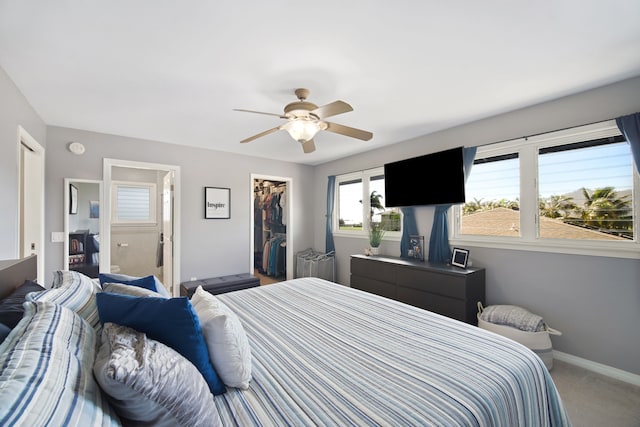 carpeted bedroom featuring ceiling fan, a spacious closet, and a closet