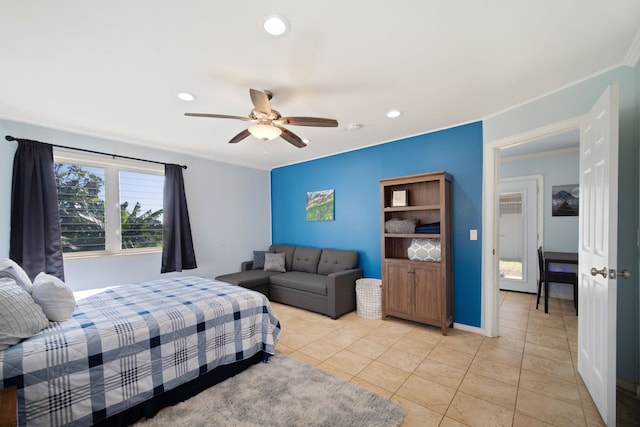 bedroom with light tile patterned floors, crown molding, and ceiling fan