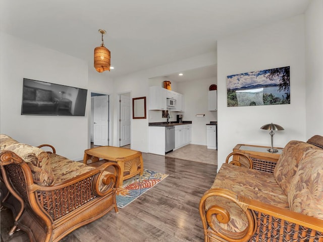 living room with sink and hardwood / wood-style floors