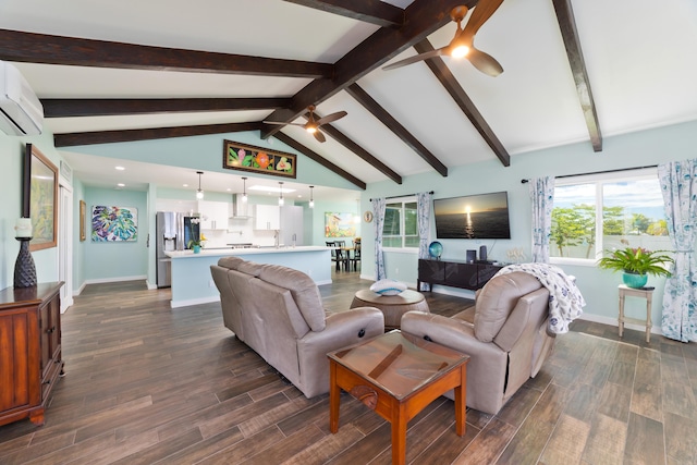 living room featuring ceiling fan, a wall mounted air conditioner, and lofted ceiling with beams