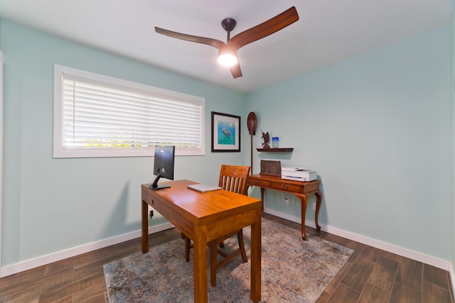 home office featuring dark hardwood / wood-style floors and ceiling fan