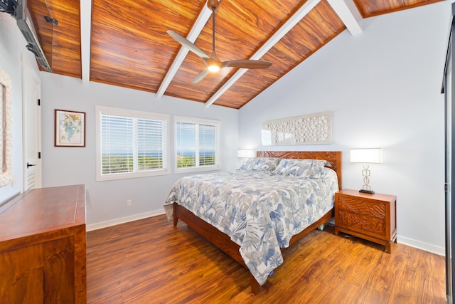 bedroom with wood ceiling, lofted ceiling with beams, and hardwood / wood-style flooring