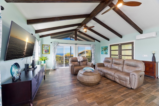 living room featuring french doors, ceiling fan, a wall mounted air conditioner, and lofted ceiling with beams