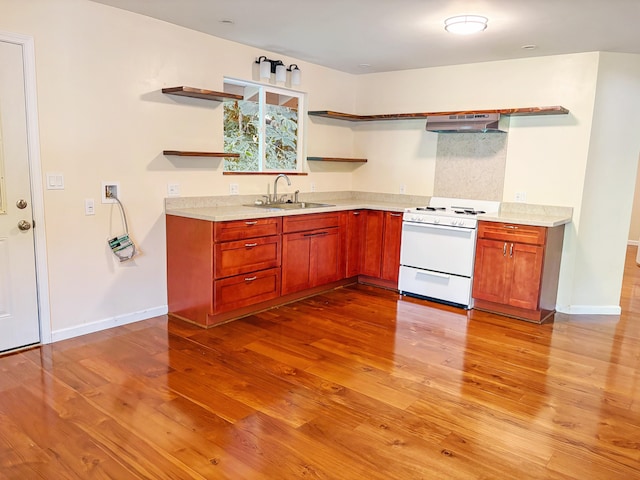 kitchen with light wood-type flooring, white stove, ventilation hood, and sink