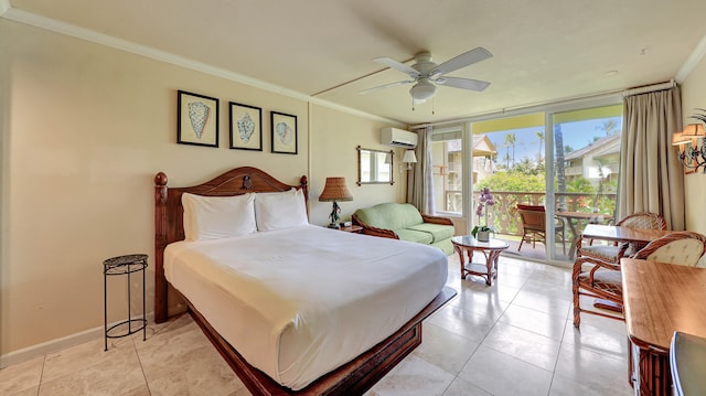 bedroom featuring a wall mounted air conditioner, ceiling fan, light tile patterned floors, and crown molding