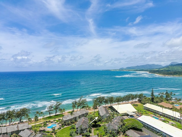 birds eye view of property featuring a water and mountain view