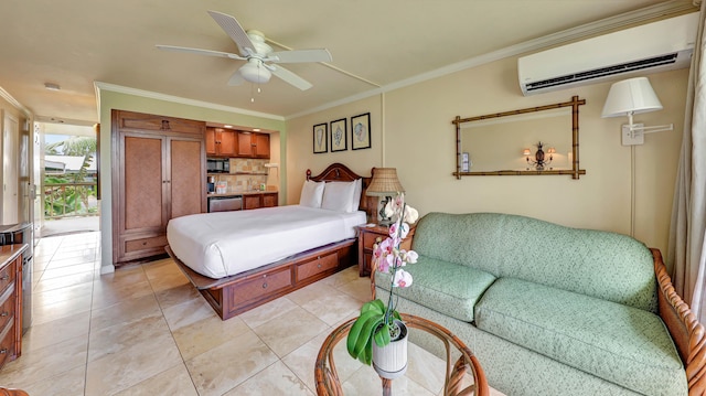 tiled bedroom featuring an AC wall unit, ceiling fan, and crown molding