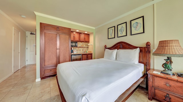 bedroom with crown molding and light tile patterned flooring