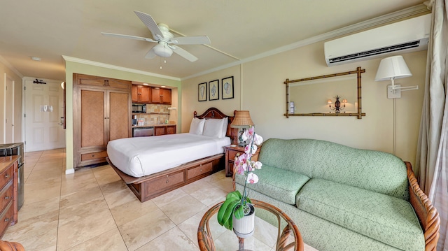 bedroom with light tile patterned floors, an AC wall unit, ceiling fan, and ornamental molding