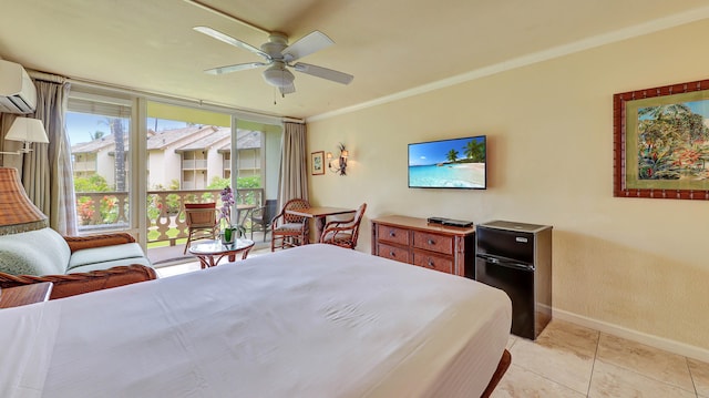 bedroom with a wall mounted AC, ceiling fan, ornamental molding, and light tile patterned flooring