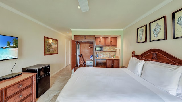 bedroom featuring ceiling fan, refrigerator, light tile patterned floors, and ornamental molding