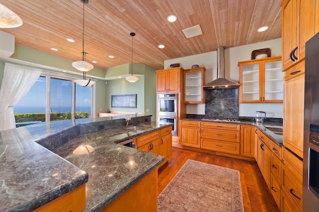 kitchen with tasteful backsplash, sink, hanging light fixtures, appliances with stainless steel finishes, and wall chimney exhaust hood