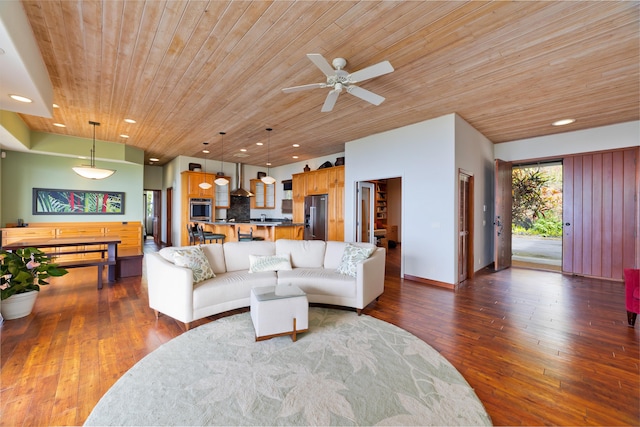 living room featuring ceiling fan, wooden ceiling, and dark wood-type flooring