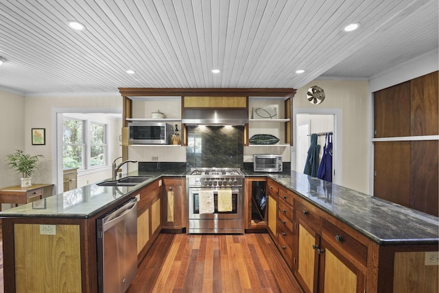 kitchen featuring appliances with stainless steel finishes, ventilation hood, sink, wooden ceiling, and dark hardwood / wood-style floors