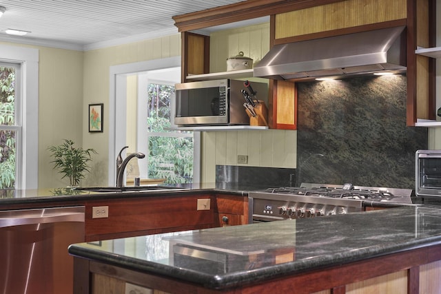 kitchen featuring sink, stainless steel appliances, crown molding, dark stone counters, and exhaust hood