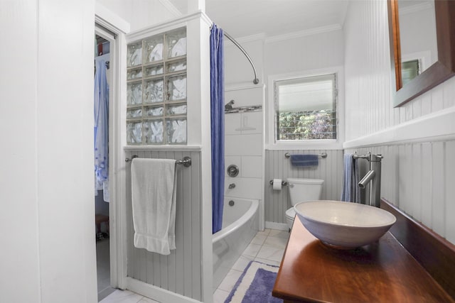 full bathroom featuring sink, tile patterned flooring, crown molding, toilet, and shower / tub combination