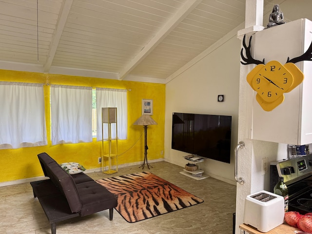 living room featuring vaulted ceiling with beams