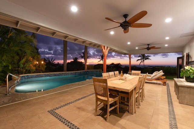 patio terrace at dusk with outdoor lounge area