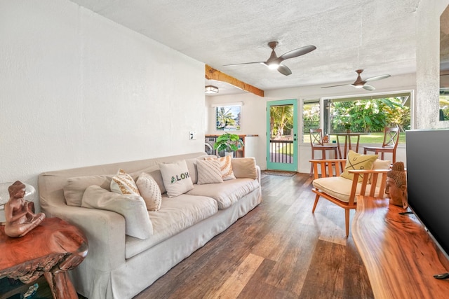 living room featuring hardwood / wood-style flooring, ceiling fan, and a textured ceiling