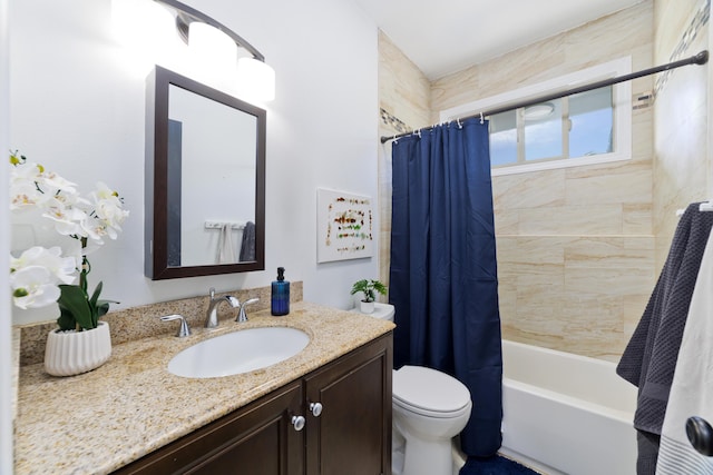 full bathroom with vanity, toilet, and shower / bathtub combination with curtain