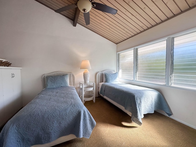 carpeted bedroom with ceiling fan, wood ceiling, and lofted ceiling