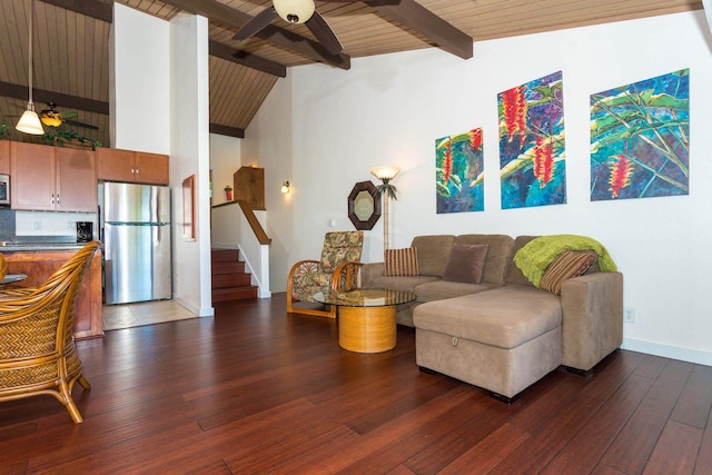 living room featuring wood ceiling, ceiling fan, high vaulted ceiling, beamed ceiling, and dark hardwood / wood-style floors