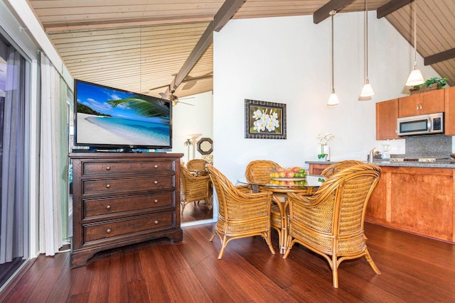 dining area with ceiling fan, sink, wooden ceiling, lofted ceiling with beams, and dark hardwood / wood-style floors