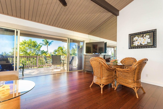 dining room with lofted ceiling with beams, dark hardwood / wood-style flooring, and wooden ceiling